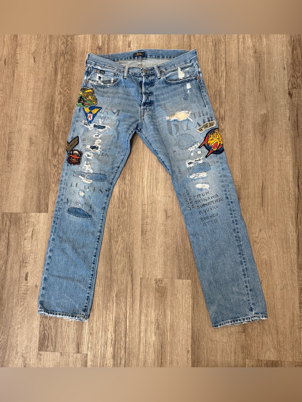 Ralph Lauren Polo Military Tiger Patchwork Sportsman Denim Patch Jeans 32 x 32